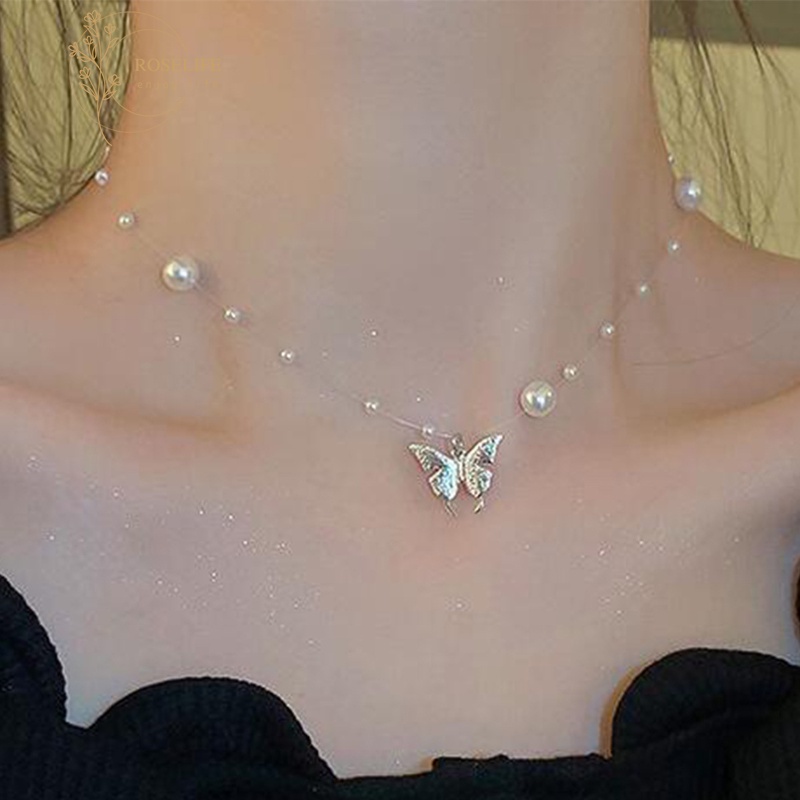 Roselife Halus Besar Kecil Mutiara Manik-Manik Tahan Air Transparan Rantai Choker S925 Perak Kupu-Kupu Liontin Kalung Untuk Wanita Gadis Elegan Pesona Pendek Kalung Perhiasan Hadiah