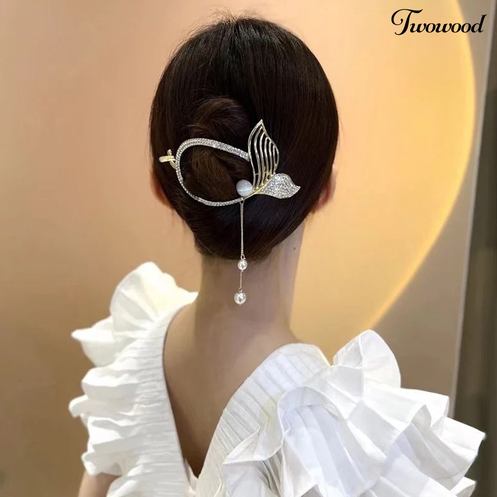 Twowood Mutiara Imitasi Rumbai Rambut Jepit Anti slip Gigi Indah Fishtail Twist Shape Rhinestone Hair Claw Styling Tool