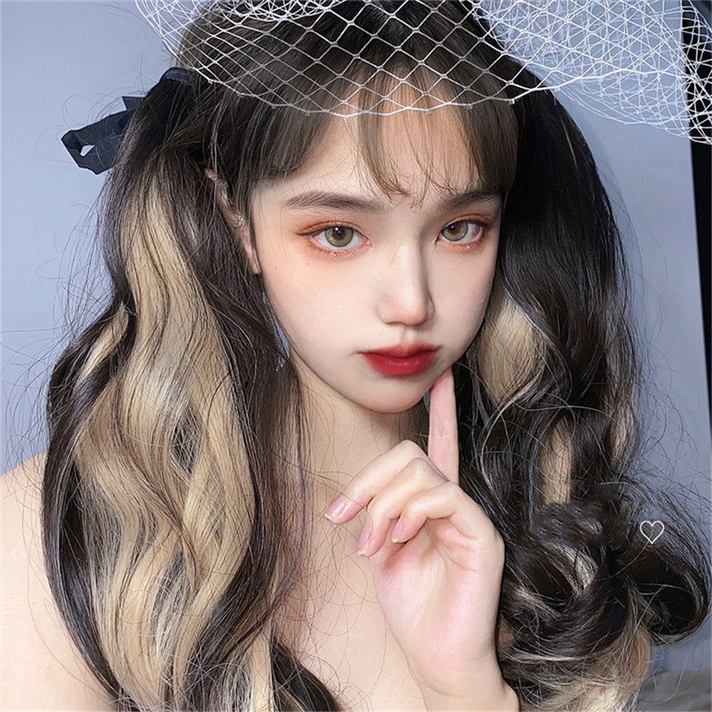 1pcs Y2k Gradient Haze Blue and Gold Rambut Panjang Bergelombang Ponytail Wig Untuk Wanita Aksesoris Rambut 50cm