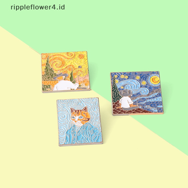 {rippleflower4.id} Art Self Portrait Enamel Pin Van Gogh Bintang Bulan Malam Bros Logam Lencana Tas~