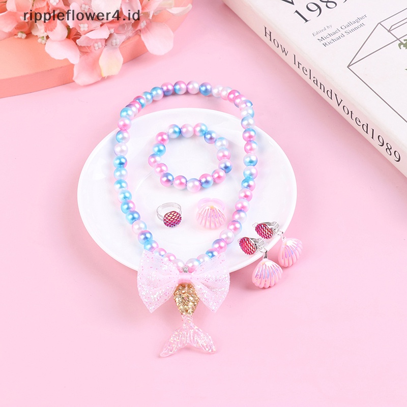 {rippleflower4.id} 1set Bayi Perempuan Manik-Manik Kalung Set Mermaid Ekor Liontin Anak Kids Adjustable Indah Kalung Pesona Perhiasan Hadiah~