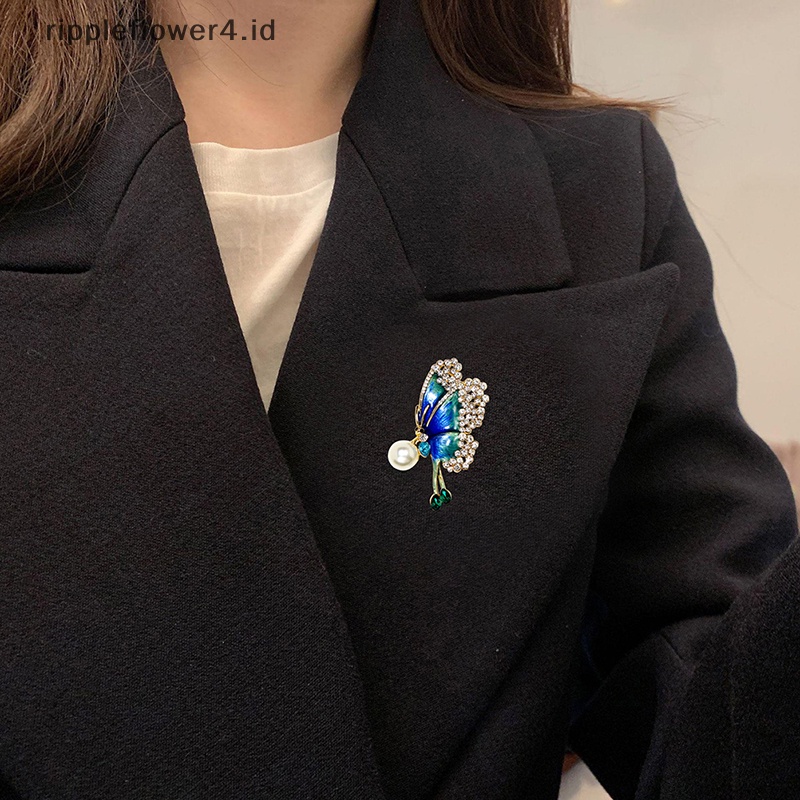 {rippleflower4.id} Fashion Enamel Berlian Imitasi Mutiara Kupu-Kupu Bros Pin Untuk Wanita Pakaian Pesta Perhiasan Aksesoris Hadiah~