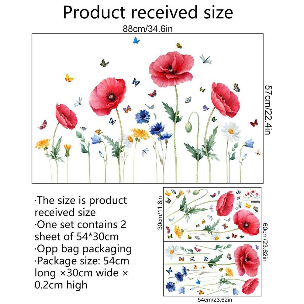 R-FLOWER 2pcs Stiker Dinding Dekorasi Rumah Dua Sisi Terlihat Poppy Merah Bunga Wall Decal