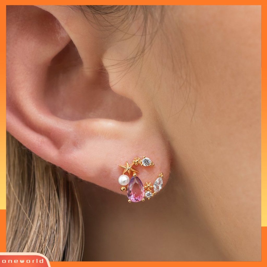 [WOD] 1pasang Anting Tusuk Telinga Alloy Chic Piercing Hias Bulan Bintang Berlian Imitasi Untuk Liburan