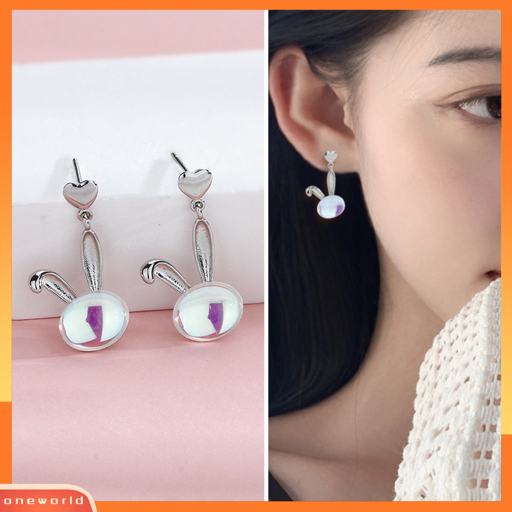 [WOD] 1pc Anting Tusuk Bunny Head Heart Faux Moonstone Ada Peradangan Ringan Hias Telinga Tembaga Anti Karat Anting Gantung Untuk Pacaran