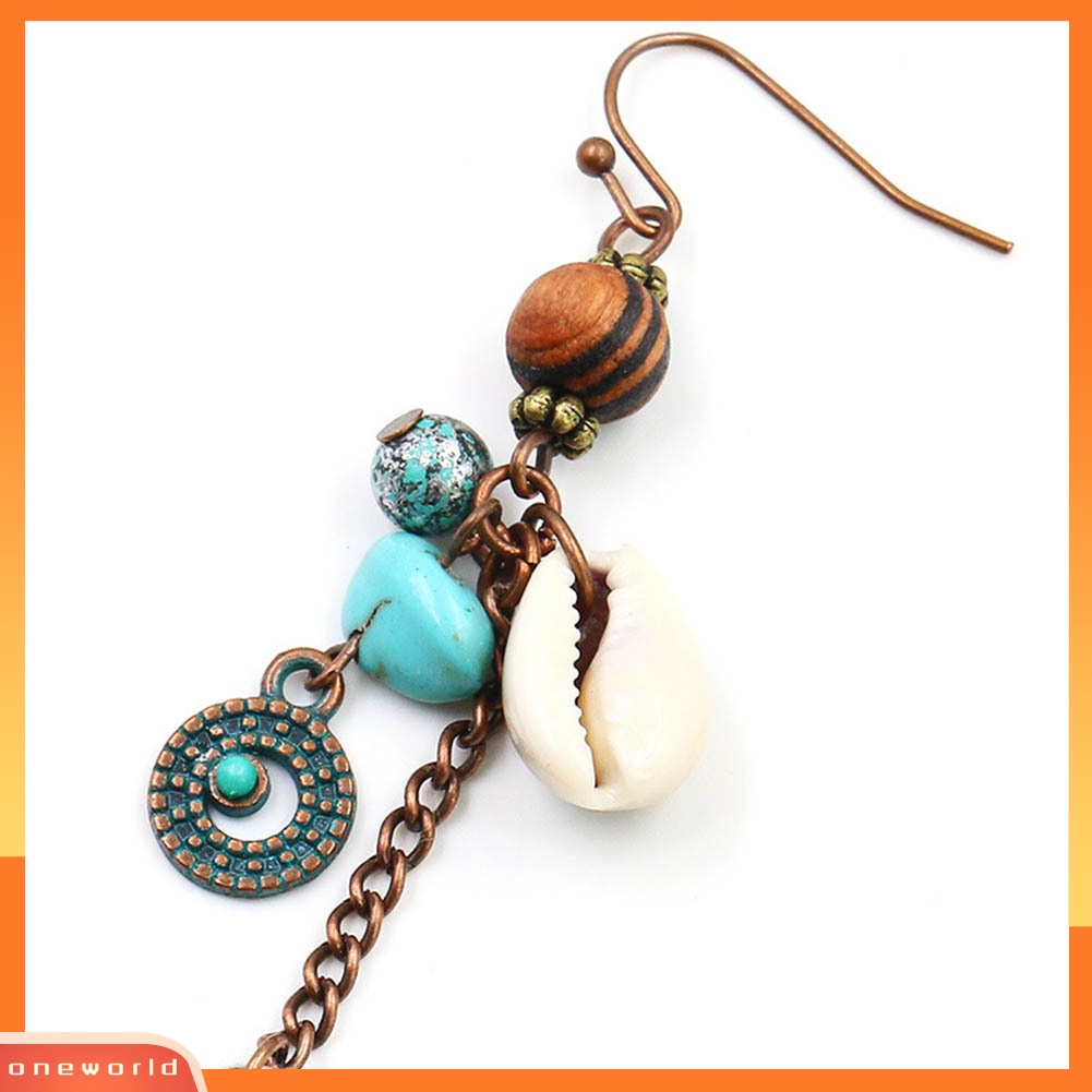 [WOD] Bohemia Wanita Faux Turquoise Shell Rumbai Panjang Menjuntai Kait Anting Perhiasan Hadiah