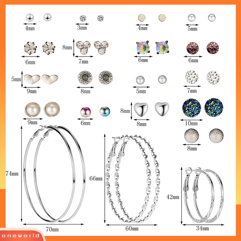 [WOD] 20pasang /Set Wanita Fashion Berlian Imitasi Hati/Circle Ear Studs Earrings Jewelry