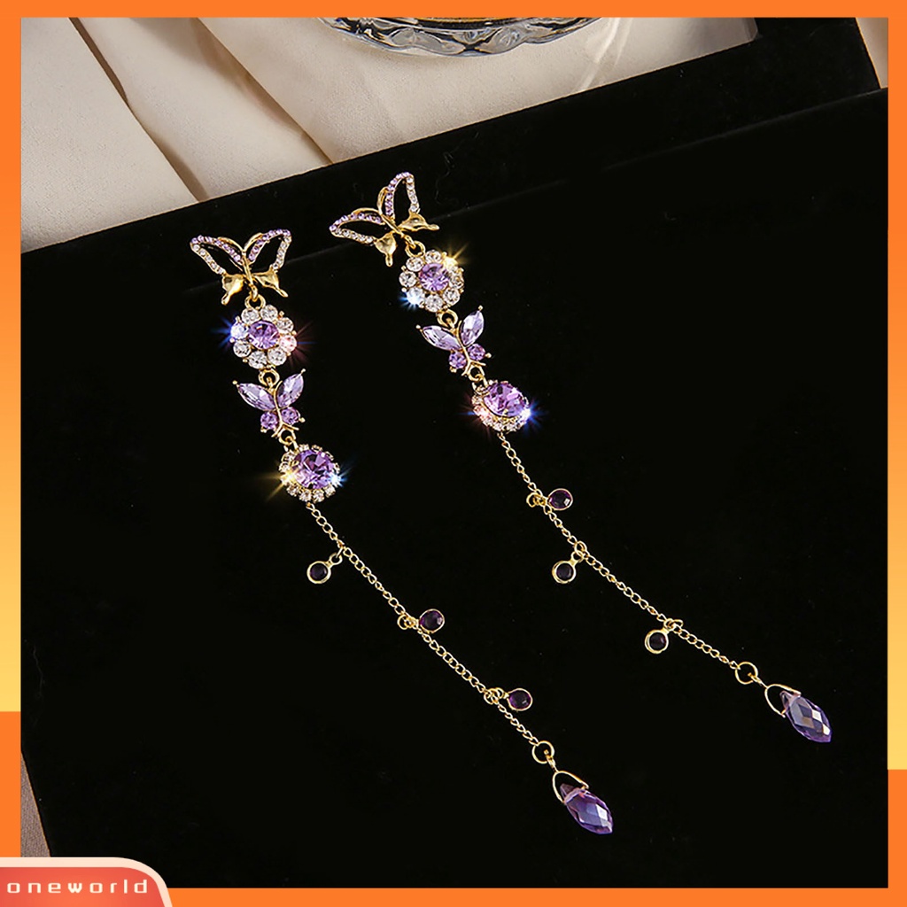 [WOD] 2pcs /Set Anting Elegan Butterfly Alloy Ungu Kristal Imitasi Menjuntai Drop Untuk Anniversary