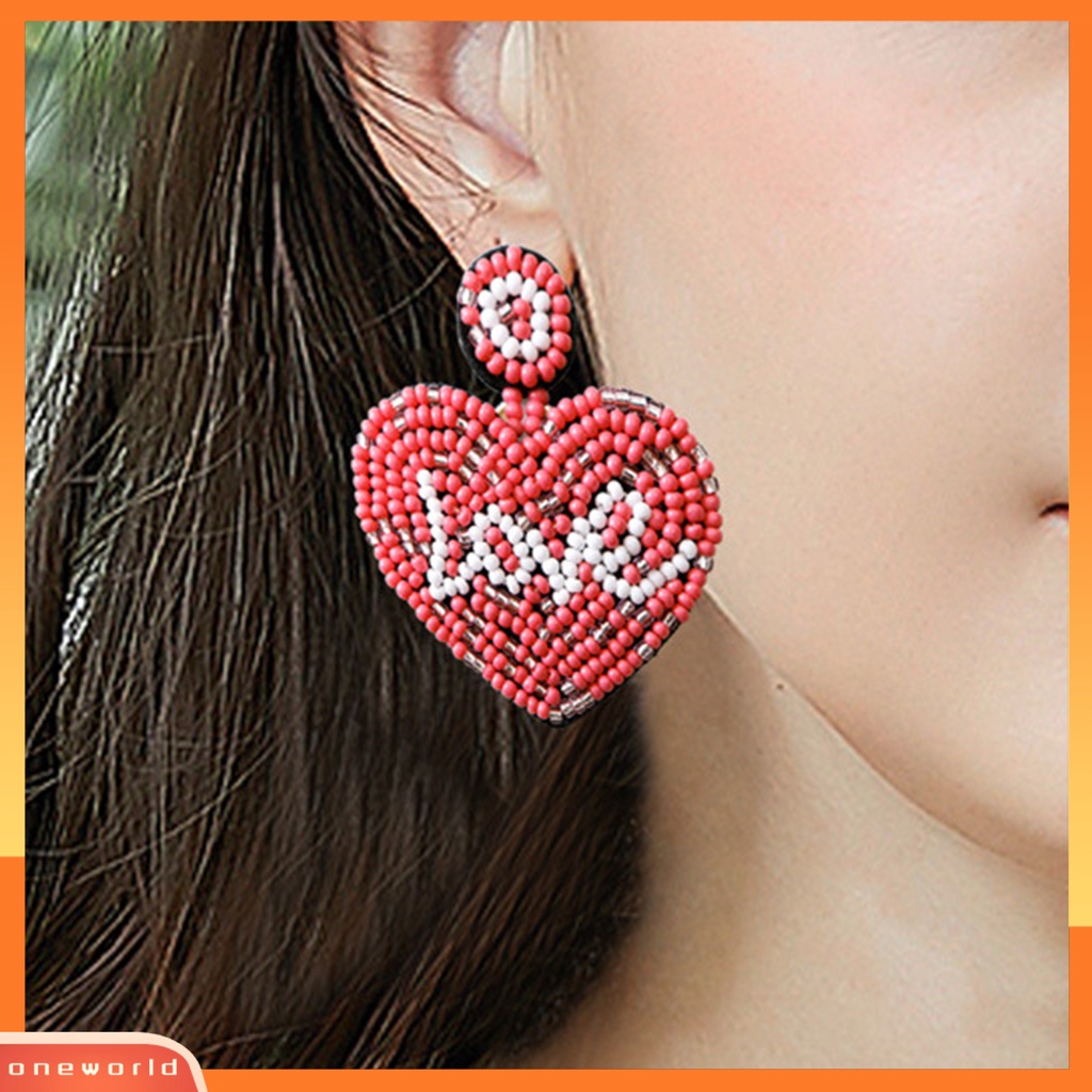 [WOD] 1pasang Wanita Drop Earrings Indah Berlebihan Warna Kontras Manual Dikepang Hati Gantung Anting Hadiah