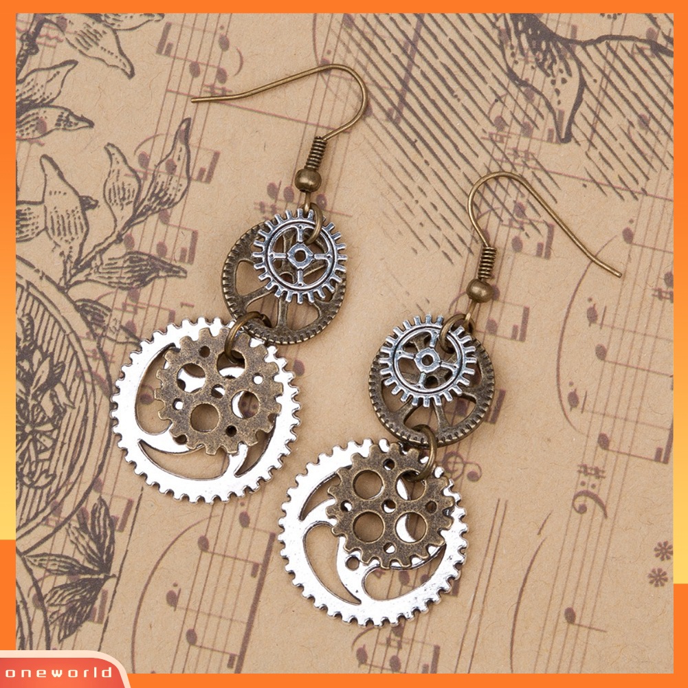 [WOD] Steampunk Metal Double Gear Drop Liontin Wanita Kait Anting Pesta Perhiasan Hadiah