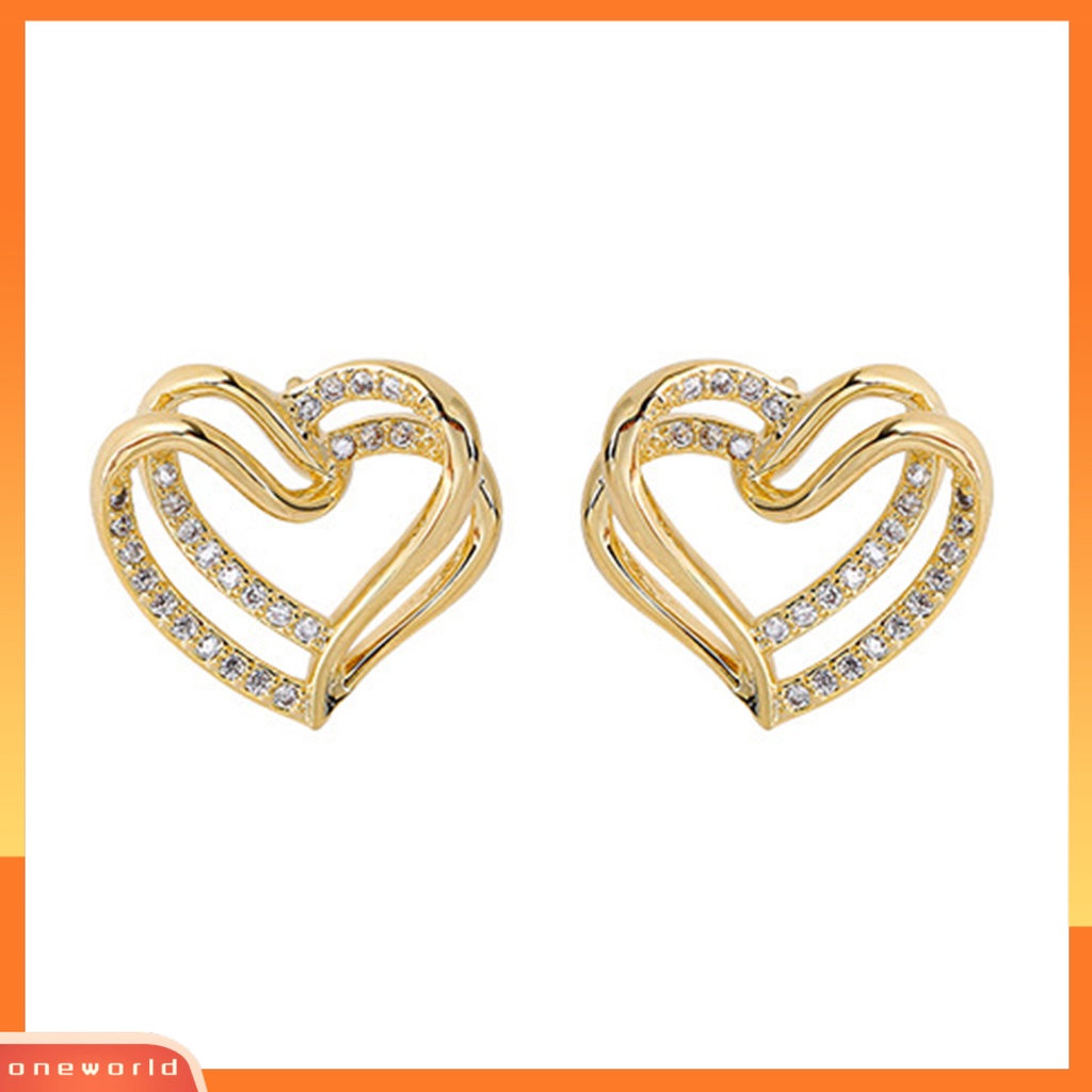 [WOD] 1pasang Lady Stud Earrings Mewah Berlian Imitasi Mengkilap Bentuk Hati Double-layer Bridal Earrings Perhiasan Perempuan