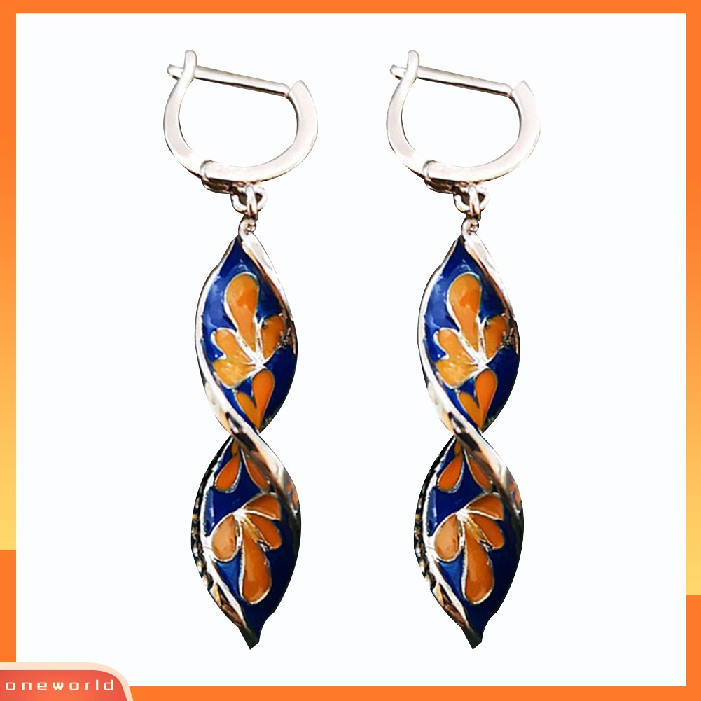 [WOD] Wanita Enamel Berlian Imitasi Hias Plumeria Bunga Spiral Menjuntai Huggie Earrings