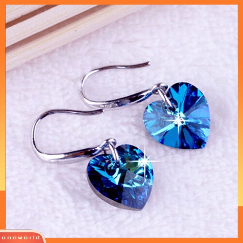 [WOD] Wanita Hati Biru Berlian Imitasi Alloy Ear Hook Menjuntai Eardrop Earrings