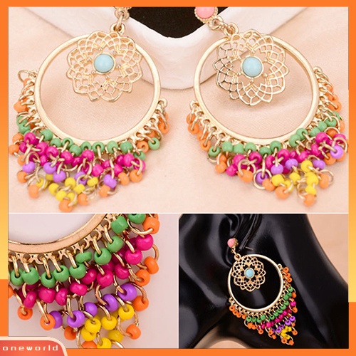 [WOD] Wanita Gaya Boho Warna-Warni Ukiran Berongga Telinga Drop Menjuntai Beads Piercing Earrings