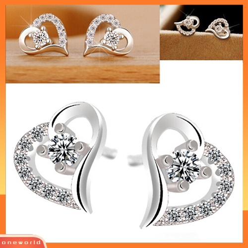 [WOD] Wanita Zirkon Hati925 Sterling Silver Disepuh Telinga Studs Earrings Perhiasan Hadiah