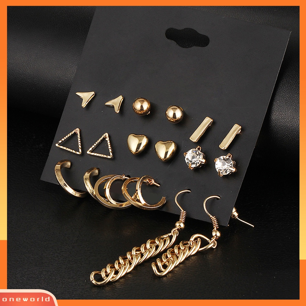 [WOD] 9pasang Fashion Wanita Berlian Imitasi Hati Bentuk Segitiga Ear Stud Hook Earrings