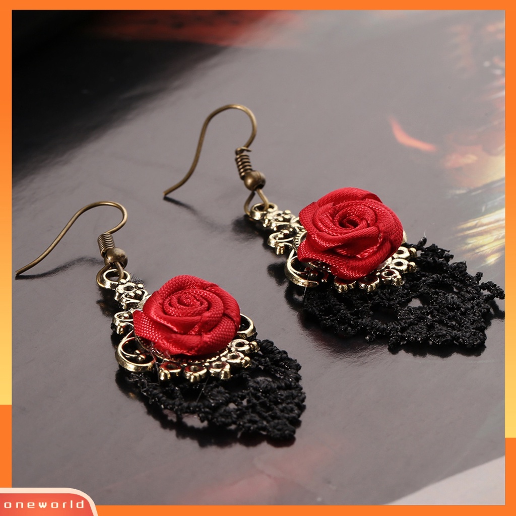 [WOD] 1pasang Fashion Wanita Renda Mawar Merah Berongga Menjuntai Kait Anting Perhiasan Hadiah