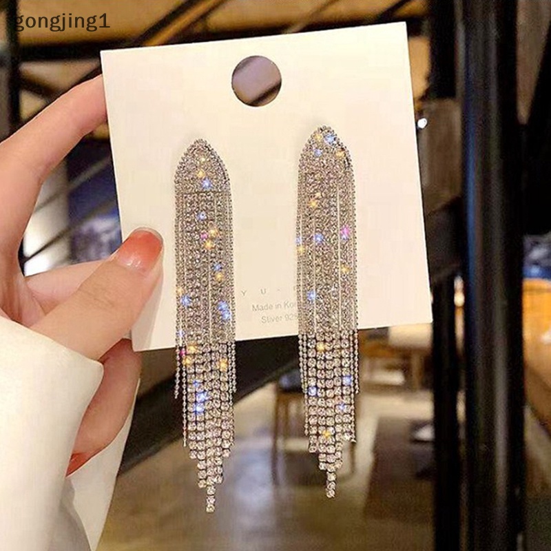 Ggg Panjang Rumbai Penuh Berlian Imitasi Drop Anting Untuk Wanita Ovsize Kristal Menjuntai Anting Fashion Perhiasan Aksesoris ID