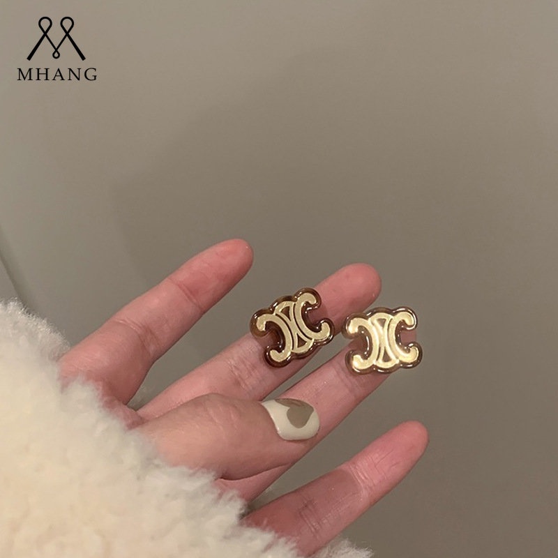 Khaki Double C Anting Stud Untuk Wanita Gaya Korea Vintage Anting Lapis Emas Fashion Perhiasan Hadiah