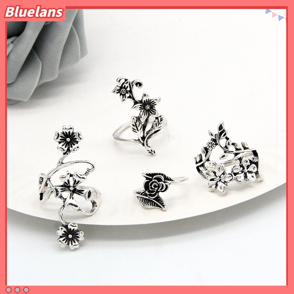 [BLS] 4pcs/set Sederhana Gaya Cina Klasik Knuckle Rings Berongga Diukir Bunga Tumpuk Rings Perhiasan Aksesori