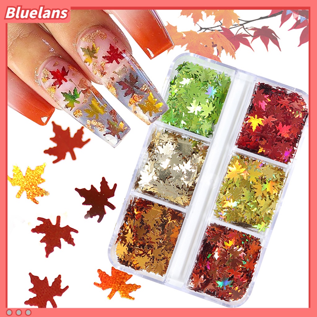 [BLM] 1kotak Payet Kuku Bentuk Kreatif Warna Hidup Efek Visual Mengkilap Tidak Luntur Aplikasi Lebar Hias PET 6kisi Warna-Warni Maple Leaf Nail Art Sequin Untuk Salon Kuku