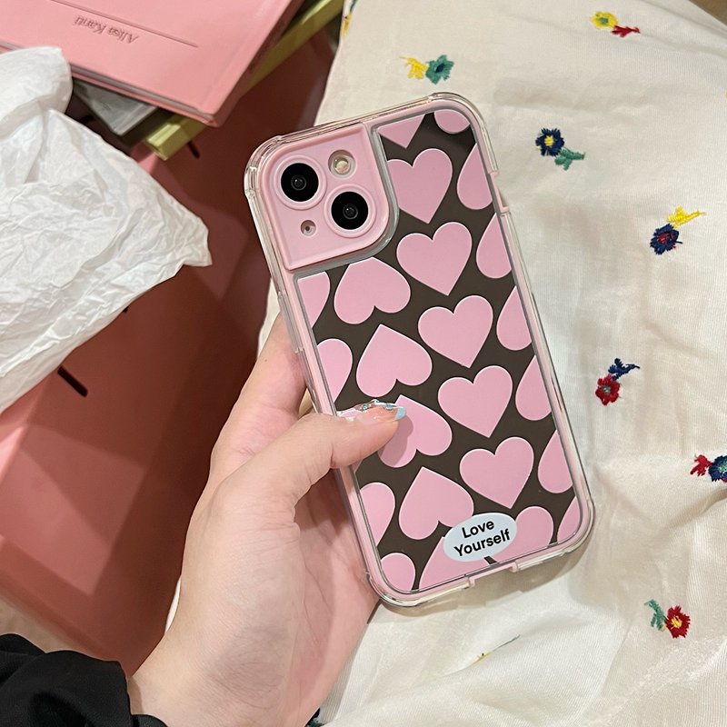 INS Pink Full Love Mirror Soft TPU Case iP iPhone 14 + Plus 11 12 13 Pro Max 2in1 FTD Girl Woman Casing Apple