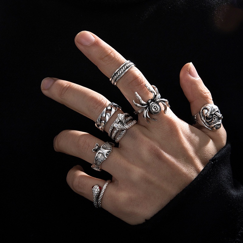 Geometris Kristal Set Cincin Untuk Pria Gothic Punk Vintage Tengkorak Kerangka Ular Kupu-Kupu Malaikat Rings Perhiasan Hadiah Pesta