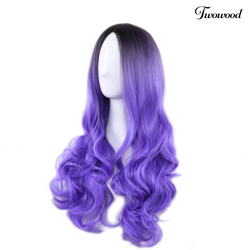 Twowood Charming Gradient Color Panjang Keriting Wanita Rambut Wig Dyed Sintetis Sopak