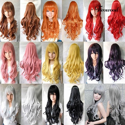 Twowood Wanita Panjang Keriting Besar Bergelombang Rambut Populer Warna-Warni Keren Perma-long Cosplay Wig