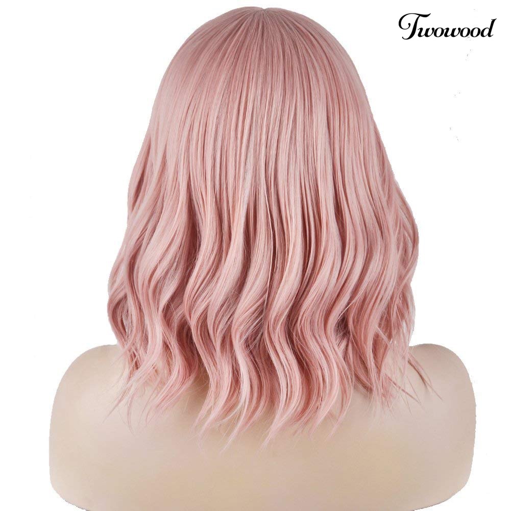 Wig Rambut Palsu Wanita Sintetis Twowood Pink Curly Panjang Bahu Dengan Poni Untuk Cosplay