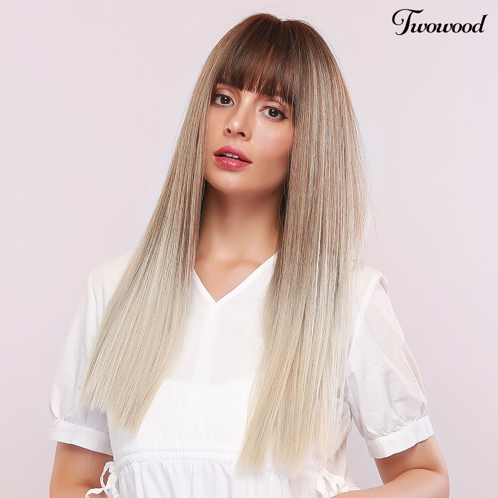 Wig Twowood Wanita 24inch Tahan Panas Panjang Lurus Rambut Alami Sintetis Dengan Bang