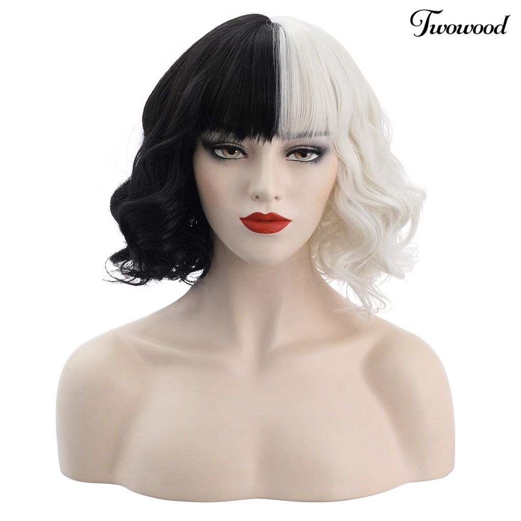 Twowood Cruella Wig Vivid Styles Wavy Serat Suhu Tinggi Setengah Hitam Kecil Pendek Keriting Karena Wig Alat Cosplay