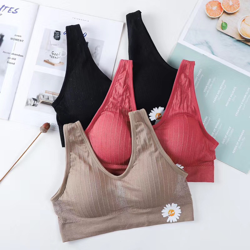 T&amp;Y Bra Wanita Empat Kait Motif Daisy Kode 6818 BH Wanita Seamless Tanpa Kawat Empat Kait Push Up Yoga Sexy Pakaian Dalam Sport Wanita Import