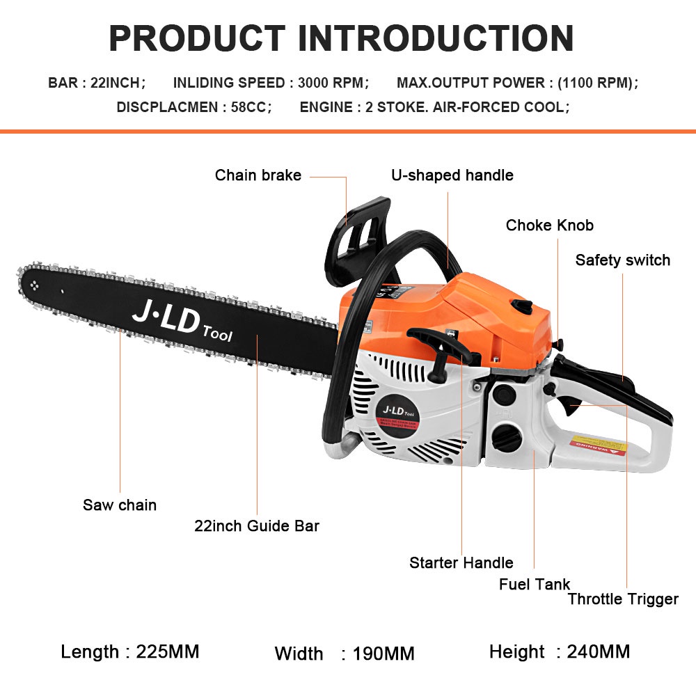 JLD Mesin Potong Kayu 58CC Mesin sinso senso Chainsaw 2Tak 22inch Gergaji Potong Pohon Kayu GERGAJI MESIN POTONG KAYU KUALITAS TERBAIK BY JAPAN TECHNOLOGY