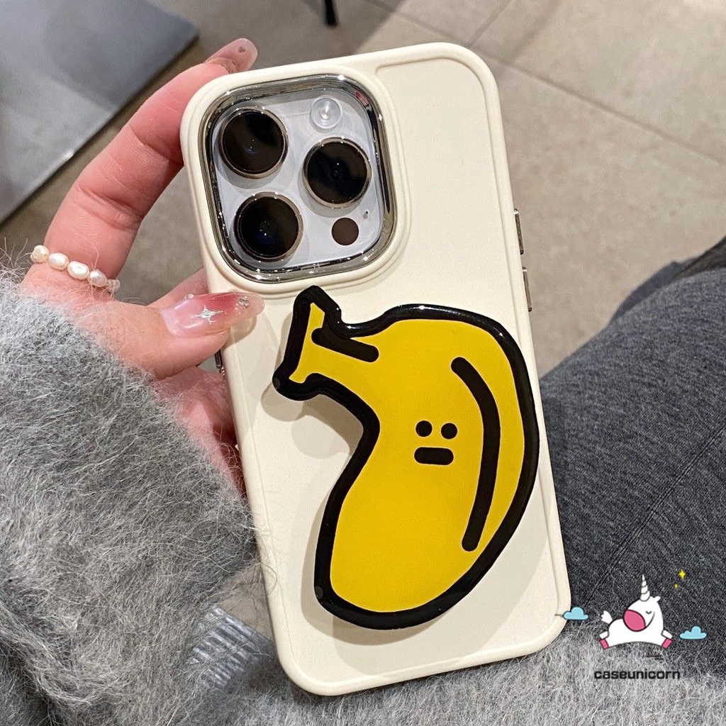 IPHONE Kompatibel Untuk Iphone7 8 Plus XR 11 13 14 12 Pro MAX X XS MAX Warna Solid Bingkai Lensa Logam Plating Sederhana Soft Cover Dengan Kartun Lucu Puppy Bear Fries Pisang Aksesoris Bracket