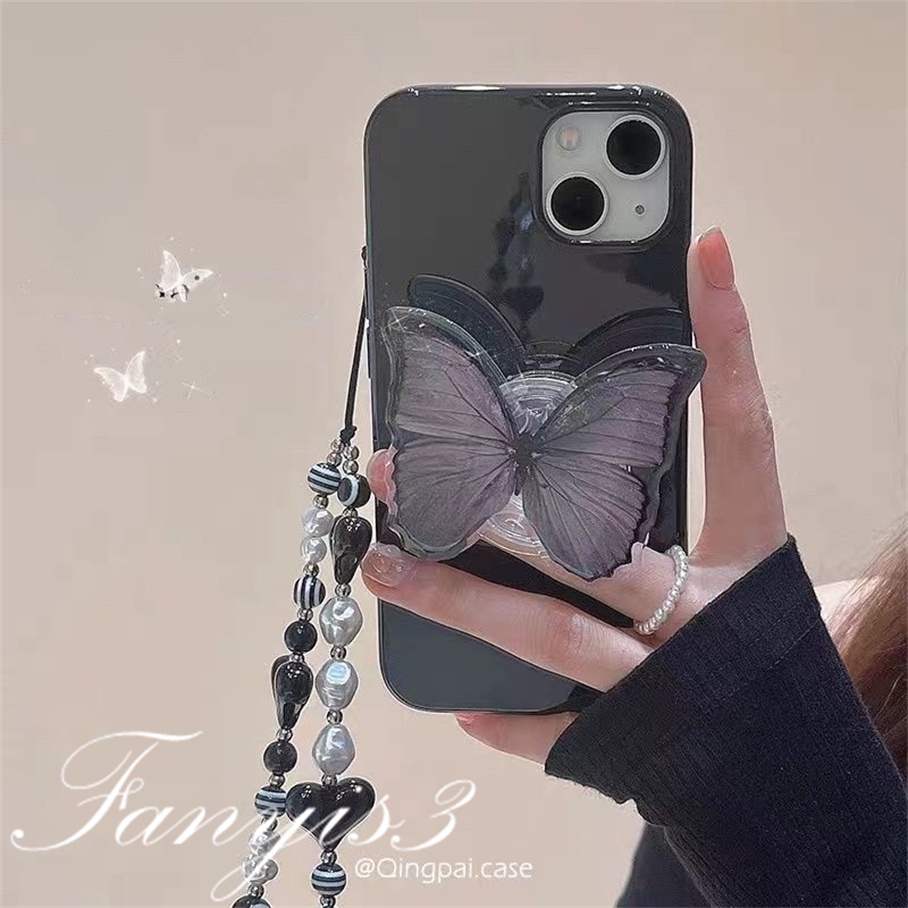 Compatible For iPhone 14 13 12 11 Pro Max X XR Xs Max 8 7 6 6s Plus SE 2020 Kompatibel Untuk Ungu Tua Butterfly Phone Case TPU Silikon Lembut Cover Pelindung Dengan Braket Rantai