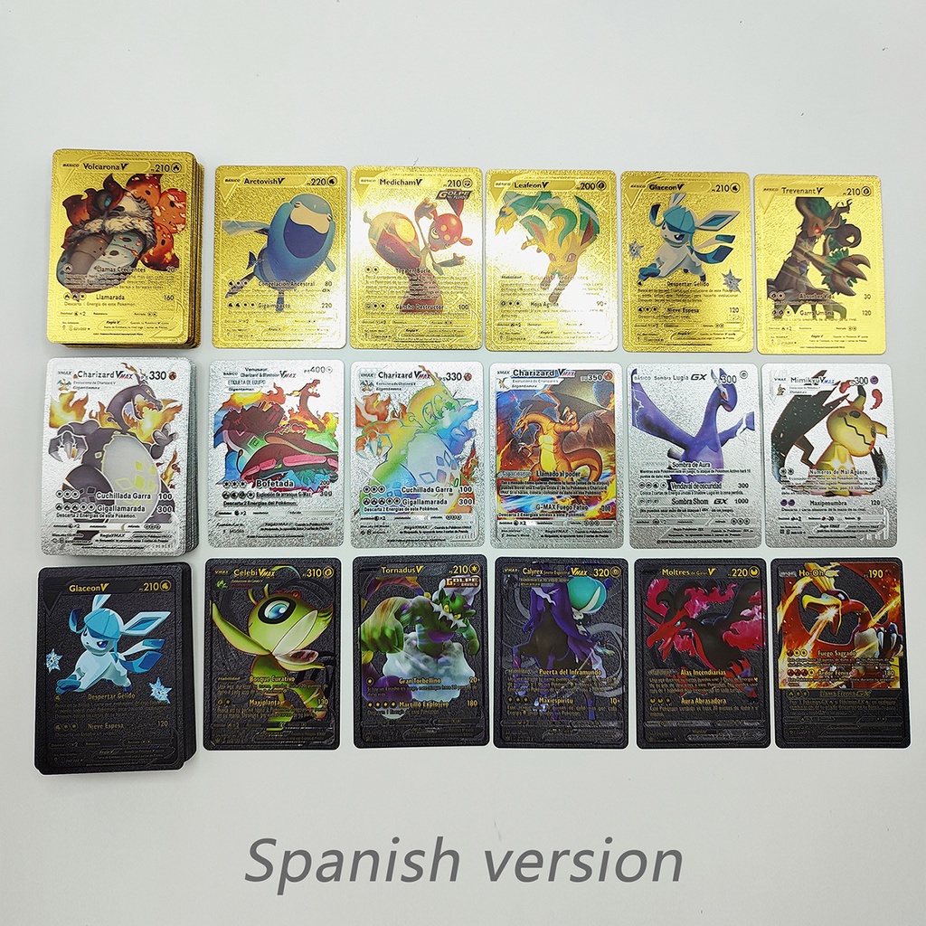 54 Pcs 27 Pcs Kartu Pokemon Spanyol Metal Hitam Emas Charizard Pikachu Game Card Battle Collections Mainan Untuk Anak Dewasa