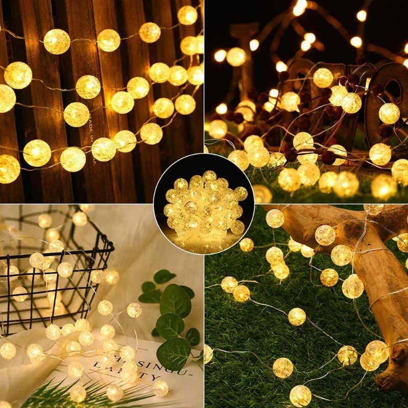 3warna Bola Retak String Lampu DIY Romantis/Untuk Dekorasi Taman Natal Pernikahan Rumah/LED Crackle Ball Fairy Tale Light String/Lampu Kawat Tembaga Tenaga Baterai