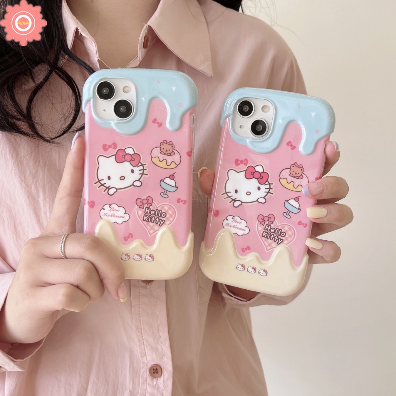 IPHONE Kartun Hello Kitty Case Kompatibel Untuk Iphone11 7Plus XR 14 12 13 Pro Max X XS Max 7 8 Plus Kreatif Permen 3D Es Krim Cinta Lucu Hati Kue Beruang Lembut Tpu Cover