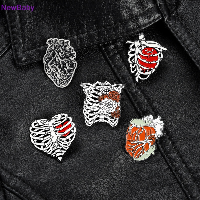 Newbaby Pin Enamel Sangkar Rib Anatomi Dengan Bunga Lencana Jantung Anatomi Manusia Bros ID