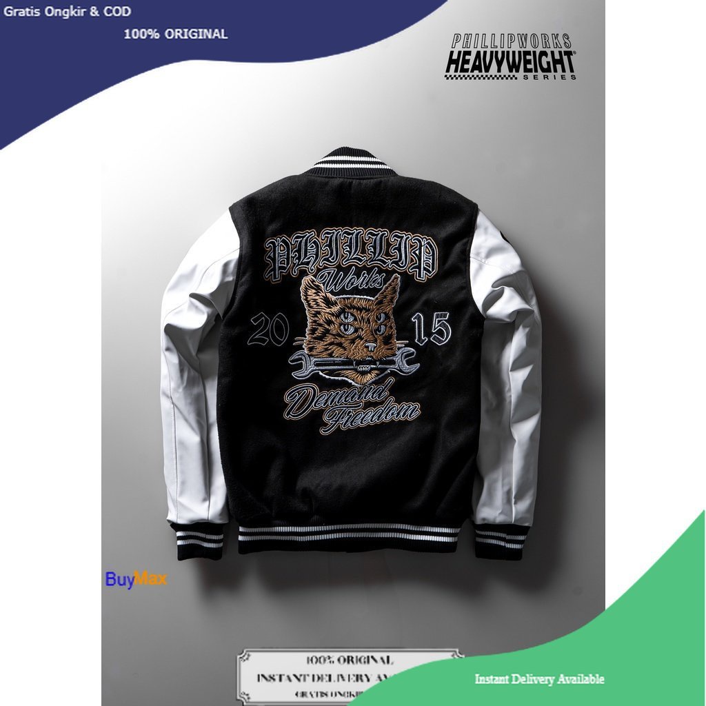 Phillipworks Trippy Cat Varsity Black White / BuyMax / Phillip Works / Jaket PhillipWorks Heavyweigh