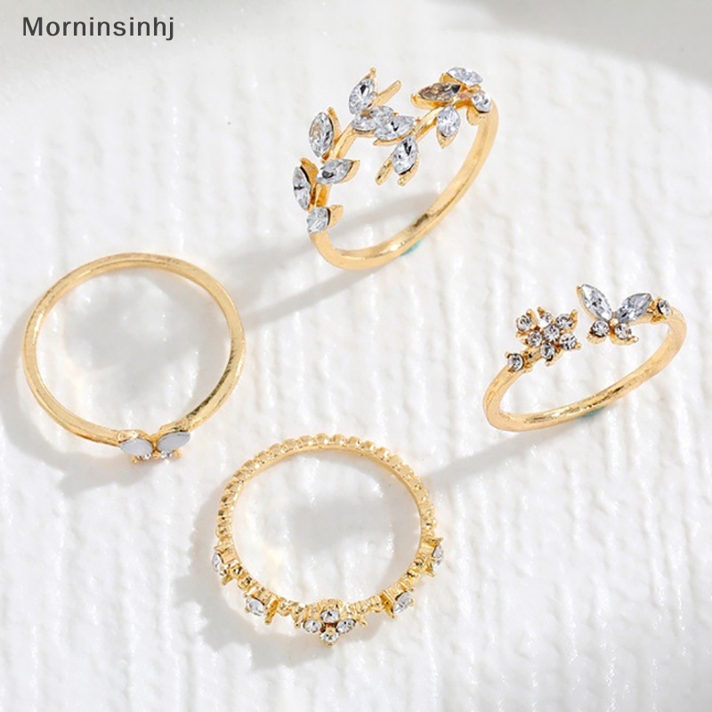 Mornin 4Pcs/Set Fashion Korea Temperamen Berlian Imitasi Memutar Daun Bunga Cincin Set Untuk Wanita Perhiasan Hadiah id