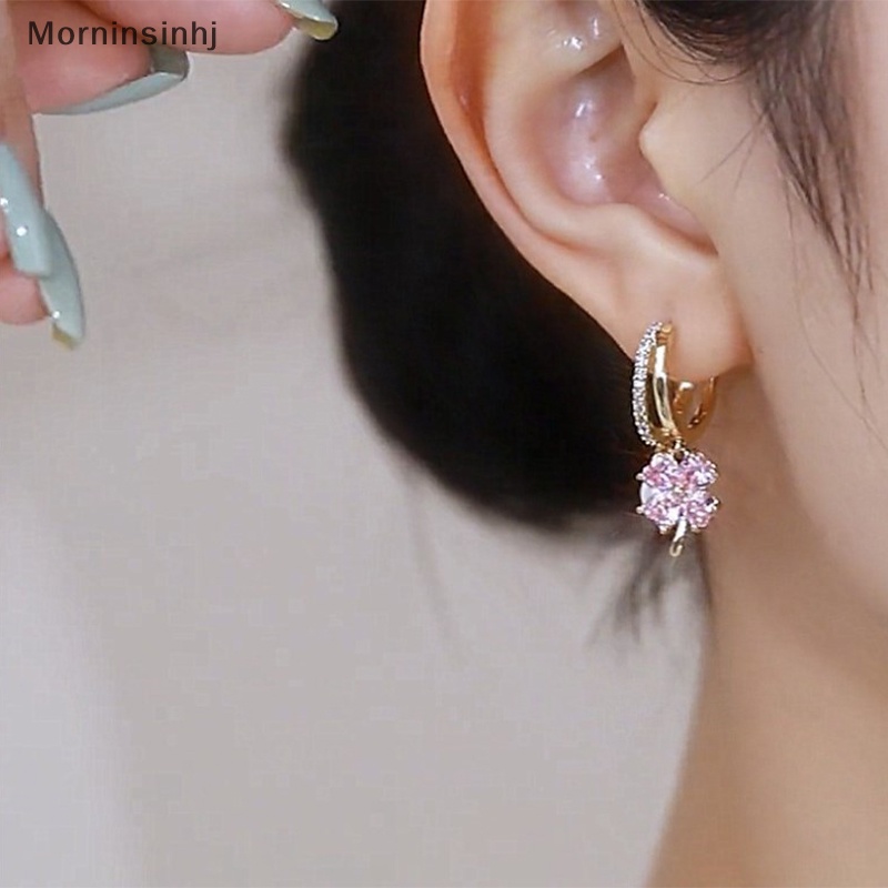 Mornin Anting Mutiara Bunga Empat Daun Kristal Merah Muda Untuk Wanita Yang Mewah, Rasa high-end, Temperamen Modis, Anting Merah Jala Trendi Baru id