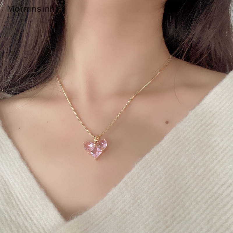 Mornin Tren Fashion Desain Unik Elegan Halus Pink Cinta Zirkon Klavikula Kalung Wanita Perhiasan Hadiah Pesta id