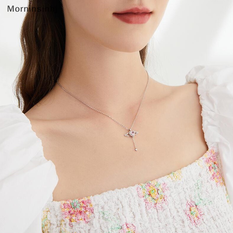 Mornin Zirkon Sayap Malaikat Hati Liontin Kalung Wanita Gadis Sederhana Y2K Pink Putih Zirkon Cinta Elegan Kalung Wanita Perhiasan id