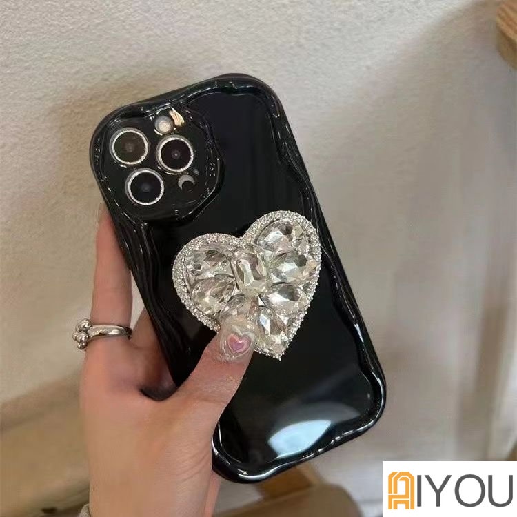 IPHONE Mewah Bling Berlian Love Heart Phone Grip Tok Griptok Korea Holder Phone Case Untuk Iphone11 12 13 14 Pro Max7 8 Plus 11Pro X XR XS MAX Se2020 2022 Casing Ponsel Gelombang Lucu