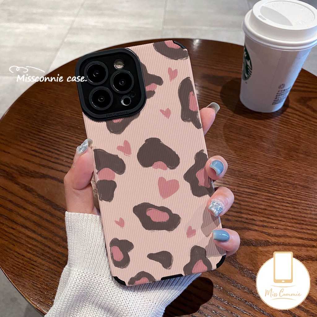 Ins Cinta Hati Shockproof Case Kompatibel Untuk IPhone XR 11 13 12 14 Pro 7Plus Max7 8 Plus X XS MAX Merek Trendi Leopard Jahitan Kontras Penutup Tekstur Kulit