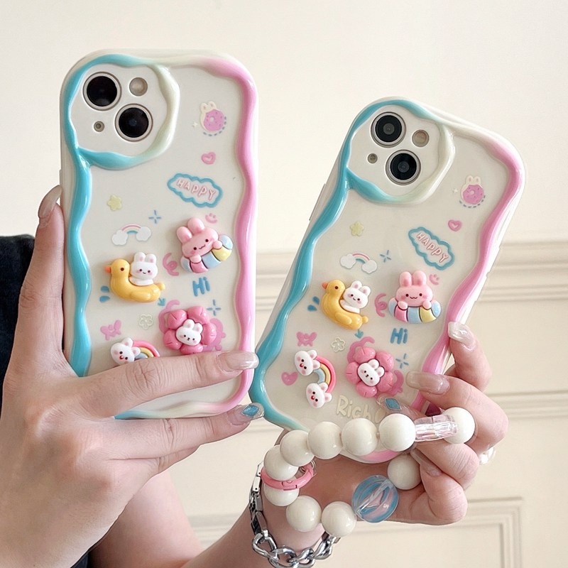 3D Mike White Hand Made Diy Candy Pink Rainbow Rabbit Soft Case iPhone 11 12 13 14 Pro Max New Puff Casing Apple for women girls Gift