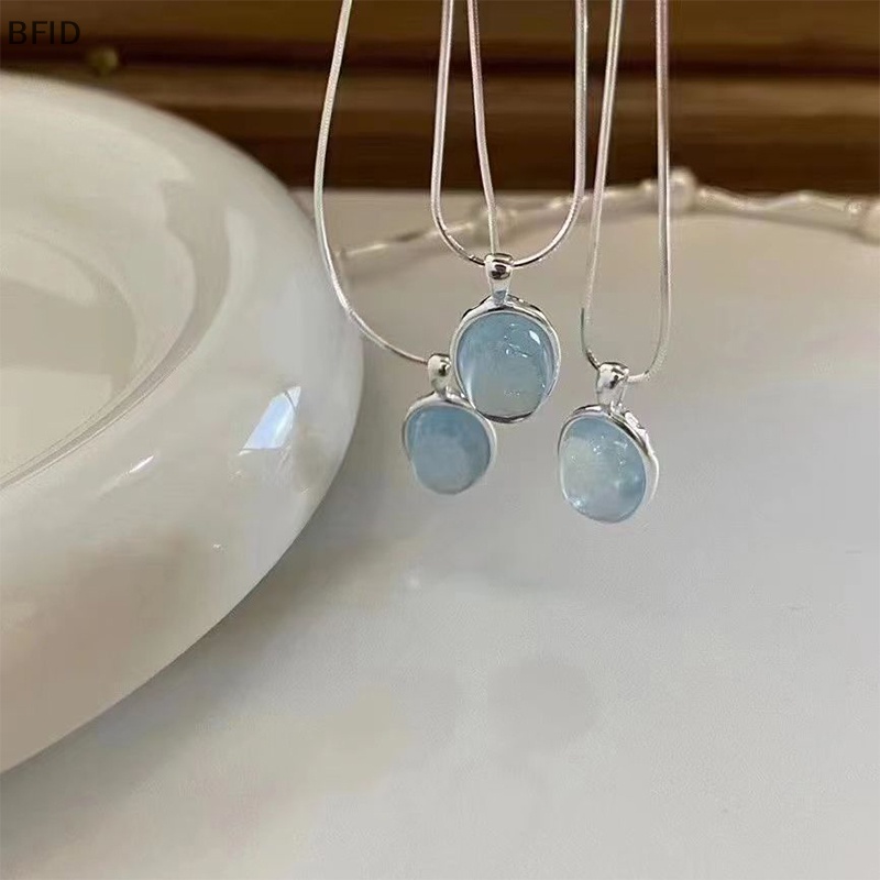 [BFID] Fashion Warna Perak Biru Moonstone Aquamarine Kalung Desain Unik Oval Rantai Klavikula Kristal Untuk Teman Wanita Perhiasan Hadiah [ID]