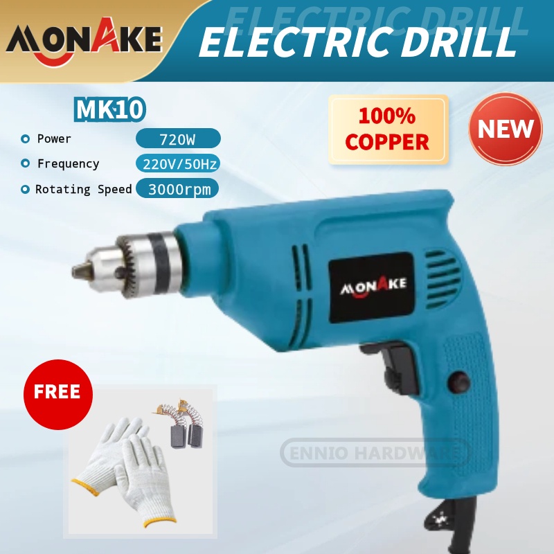 MONAKE Mesin Bor Listrik Impact Drill Electric Drill 10mm MK10 Bolak Balik Free Sarung Tangan